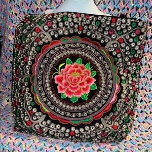 Embroidered Floral Boho Tote - Black with Pink & Green Medallion